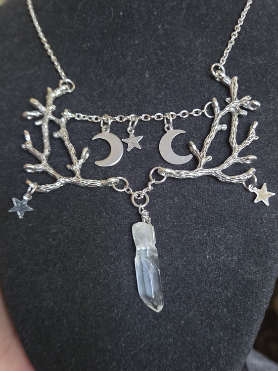 Dark Kharma Collection by Avelon Jewelry - Silver Moon & Star Branch Necklace w/Quartz  Crystal Dangle 22" Adjustable